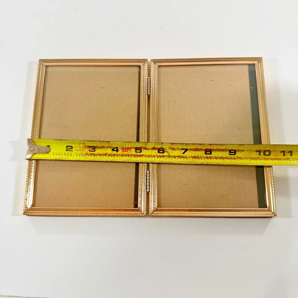 Vintage MCM Bi-Fold Etched Gold Tone Metal‎ Photo Picture Frame Double Hinged